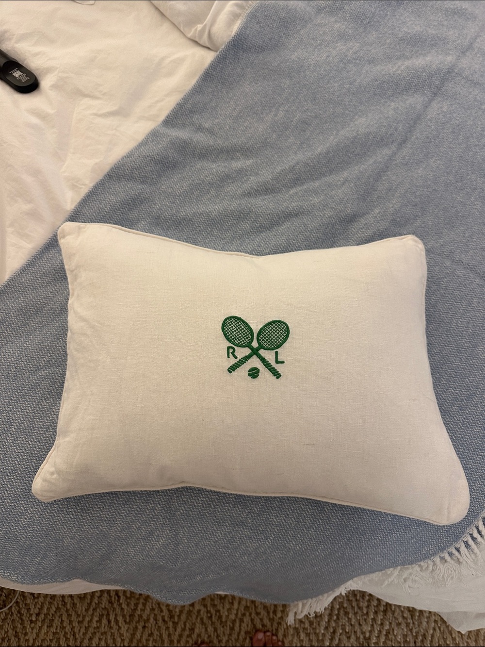 White Ralph Lauren Tennis Embroidered Throw Pillow - Green Accent